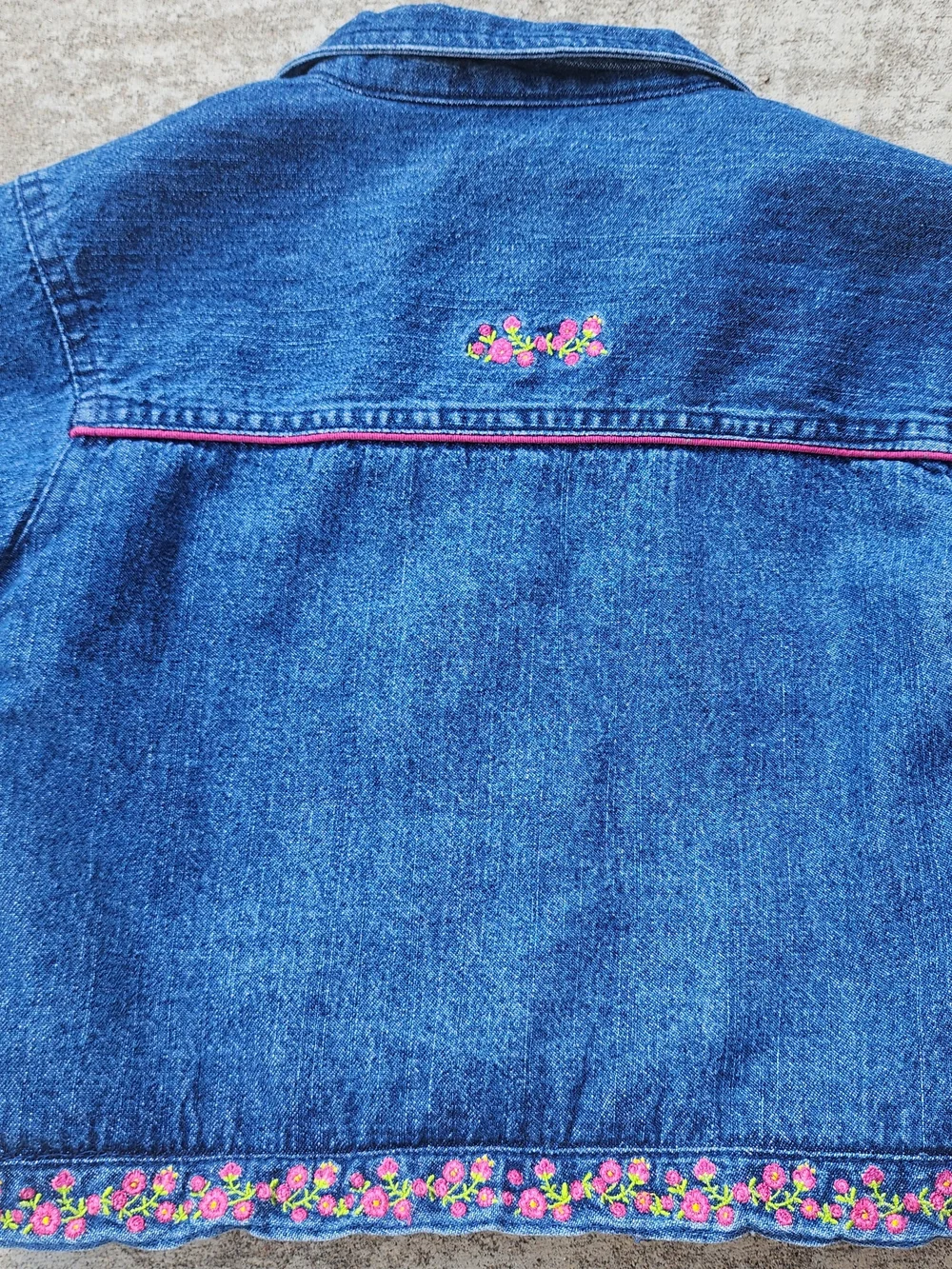 VTG Sesame Street Y2K Kid Girl Blue Denim Jacket, Pink Floral Cottage Trim Sz 3T